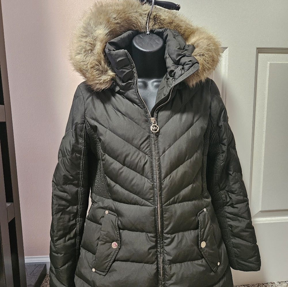 Michael Kors Women's Army Green Quilted Jacket with Faux Fur Hood